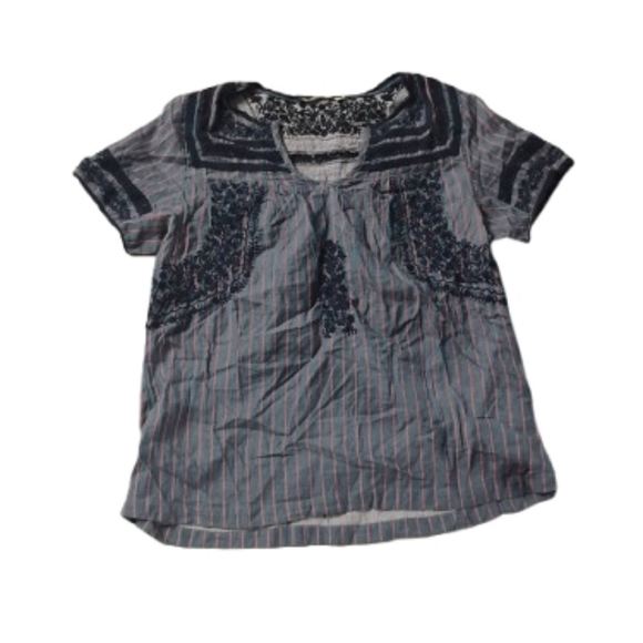 Anthropologie Tops - Dylan Anthropologie Striped Embroidered Notched Neckline Short Sleeve Top Sz S